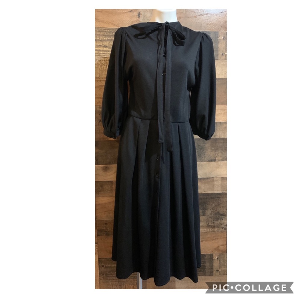 Vintage Black Balloon Sleeve Midi Dress Statement Bow Sleeve Professional Small